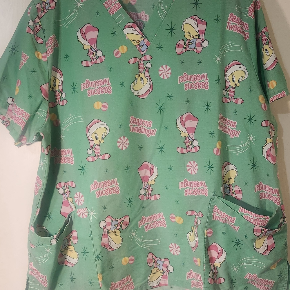 Green Tweety Christmas Scrub Top